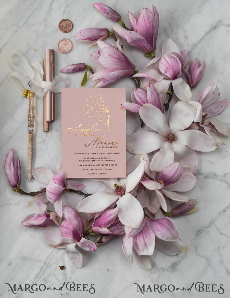 WEDDING INVITATIONS gold / rose gold / silver / glitter Luxury Gold Foil Wedding Invitations, Elegant Magnolia Flower Wedding Invites, Glamour Blush Pink Wedding Cards, Bespoke Vellum Wedding Stationery