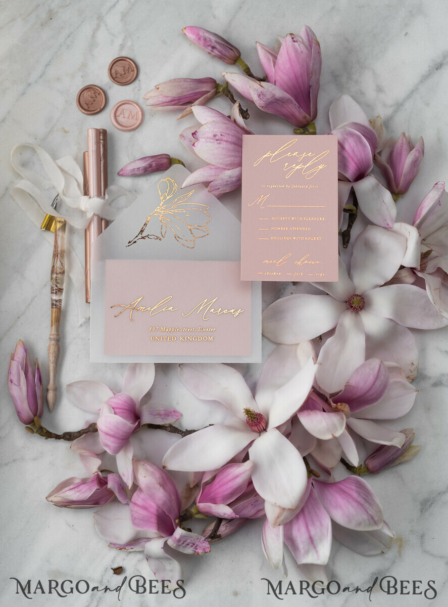 WEDDING INVITATIONS gold / rose gold / silver / glitter Luxury Gold Foil Wedding Invitations, Elegant Magnolia Flower Wedding Invites, Glamour Blush Pink Wedding Cards, Bespoke Vellum Wedding Stationery
