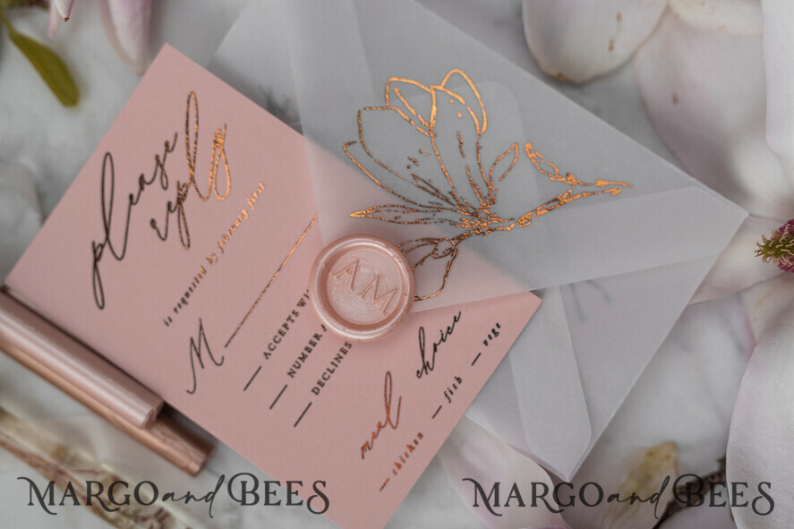 WEDDING INVITATIONS gold / rose gold / silver / glitter Luxury Gold Foil Wedding Invitations, Elegant Magnolia Flower Wedding Invites, Glamour Blush Pink Wedding Cards, Bespoke Vellum Wedding Stationery
