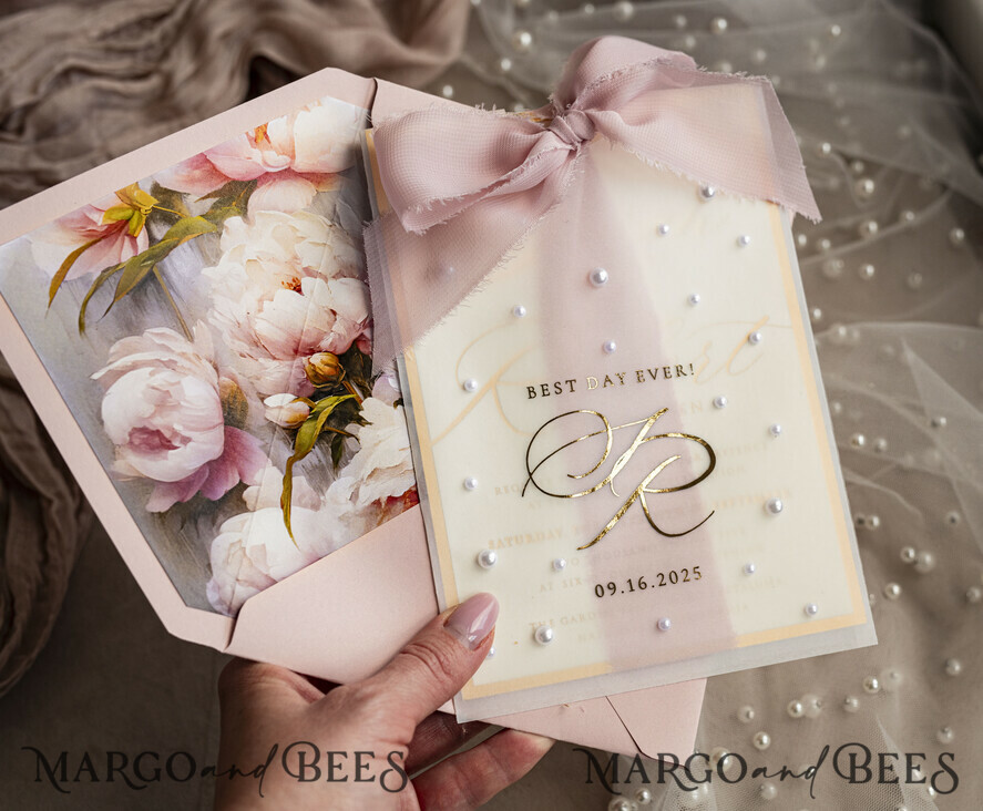 WEDDING INVITATIONS gold / rose gold / silver / glitter Blush Pink Chiffon bow beaded bespoke Elegant Peony Rose Gold Wedding Invitation Suite, White Perls Golden Wedding Cards, Boho golden folder Wedding Stationery, Vellum etui with monogram