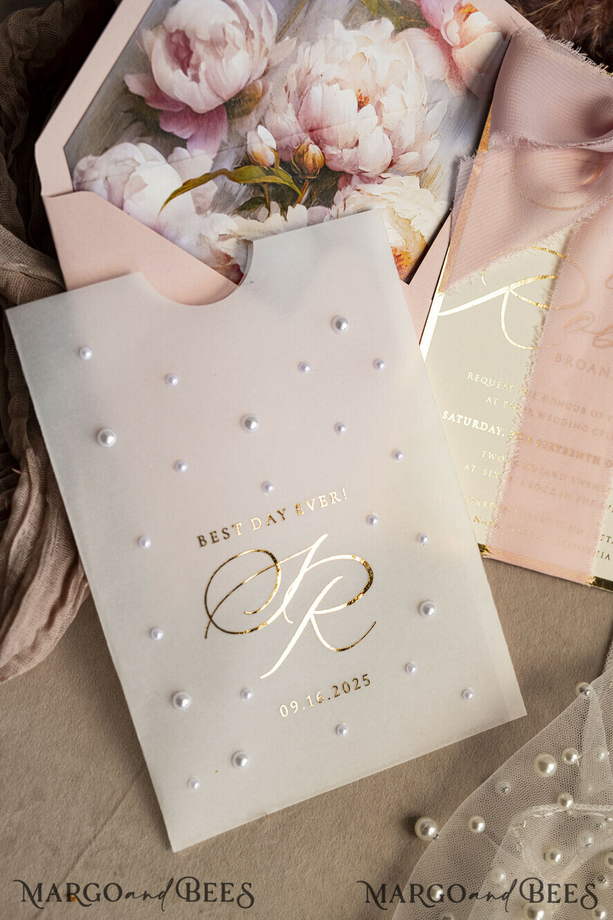 WEDDING INVITATIONS gold / rose gold / silver / glitter Blush Pink Chiffon bow beaded bespoke Elegant Peony Rose Gold Wedding Invitation Suite, White Perls Golden Wedding Cards, Boho golden folder Wedding Stationery, Vellum etui with monogram