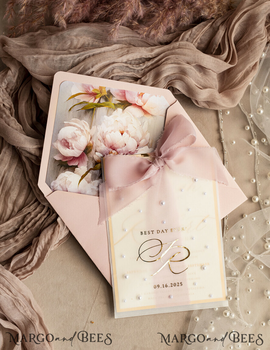 WEDDING INVITATIONS gold / rose gold / silver / glitter Blush Pink Chiffon bow beaded bespoke Elegant Peony Rose Gold Wedding Invitation Suite, White Perls Golden Wedding Cards, Boho golden folder Wedding Stationery, Vellum etui with monogram
