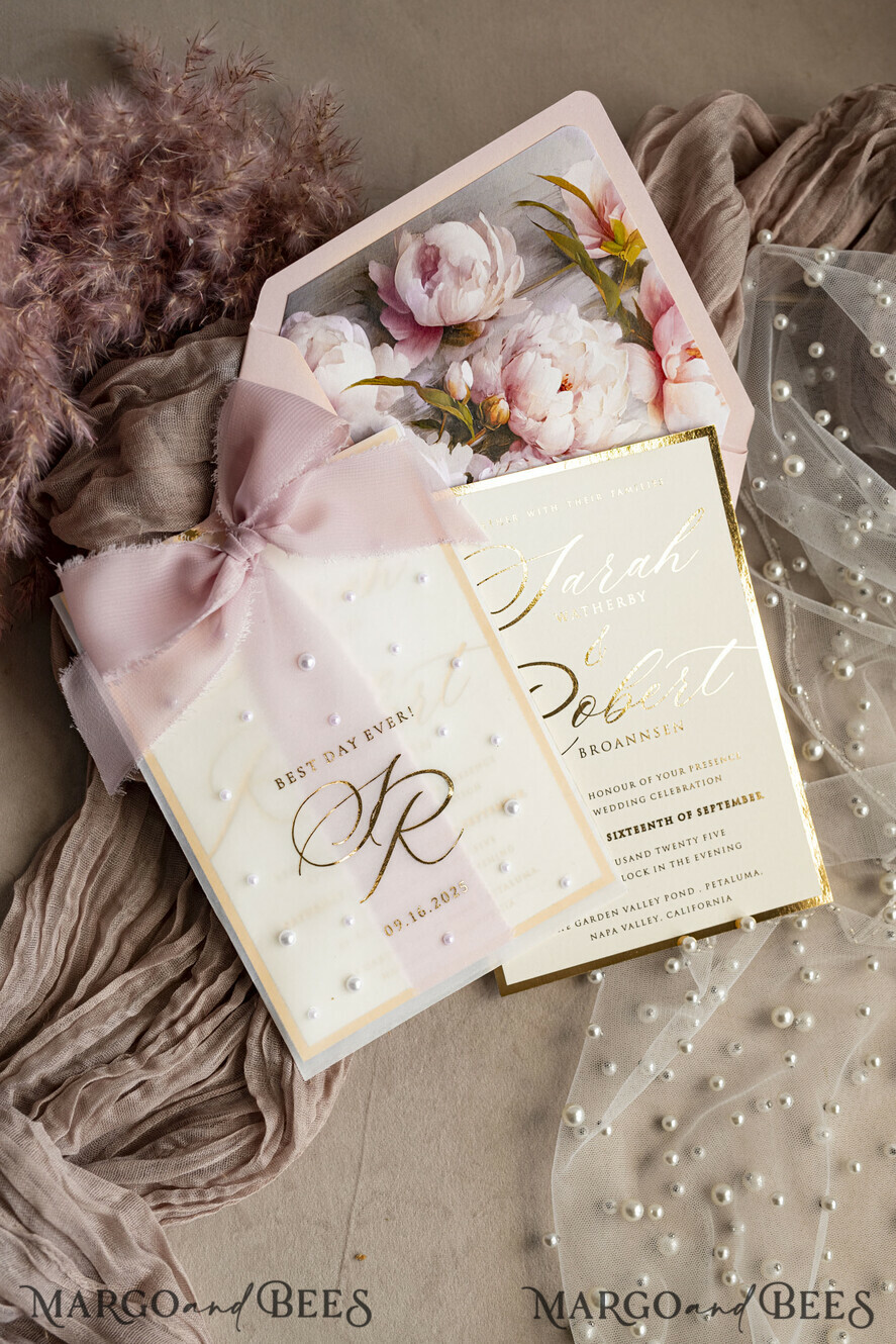 WEDDING INVITATIONS gold / rose gold / silver / glitter Blush Pink Chiffon bow beaded bespoke Elegant Peony Rose Gold Wedding Invitation Suite, White Perls Golden Wedding Cards, Boho golden folder Wedding Stationery, Vellum etui with monogram