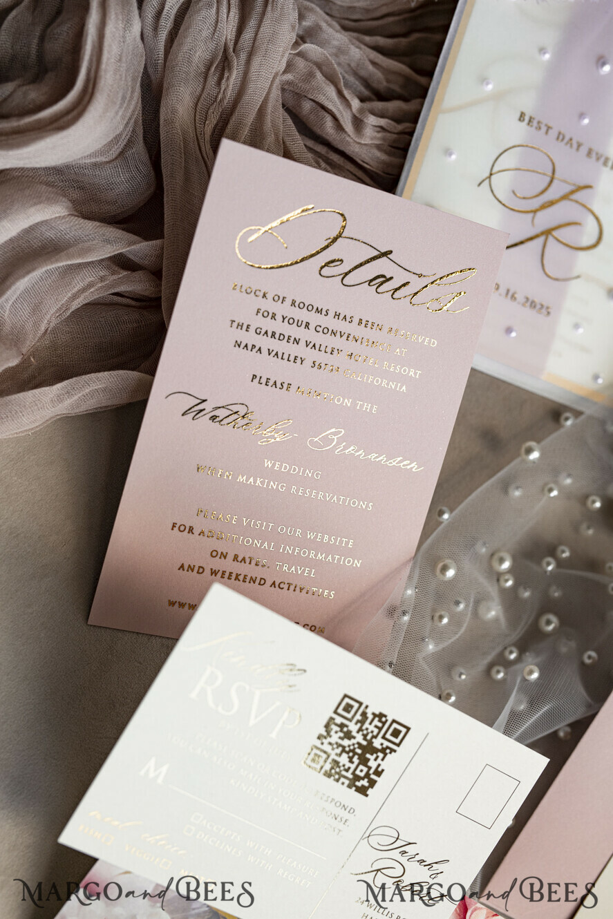 WEDDING INVITATIONS gold / rose gold / silver / glitter Blush Pink Chiffon bow beaded bespoke Elegant Peony Rose Gold Wedding Invitation Suite, White Perls Golden Wedding Cards, Boho golden folder Wedding Stationery, Vellum etui with monogram