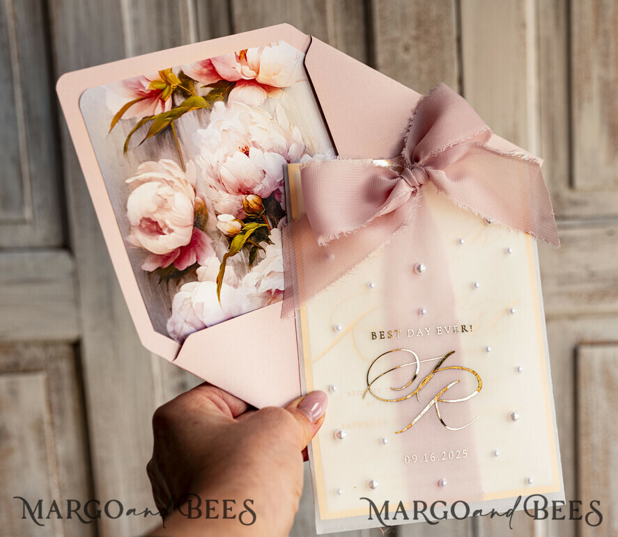 WEDDING INVITATIONS gold / rose gold / silver / glitter Blush Pink Chiffon bow beaded bespoke Elegant Peony Rose Gold Wedding Invitation Suite, White Perls Golden Wedding Cards, Boho golden folder Wedding Stationery, Vellum etui with monogram