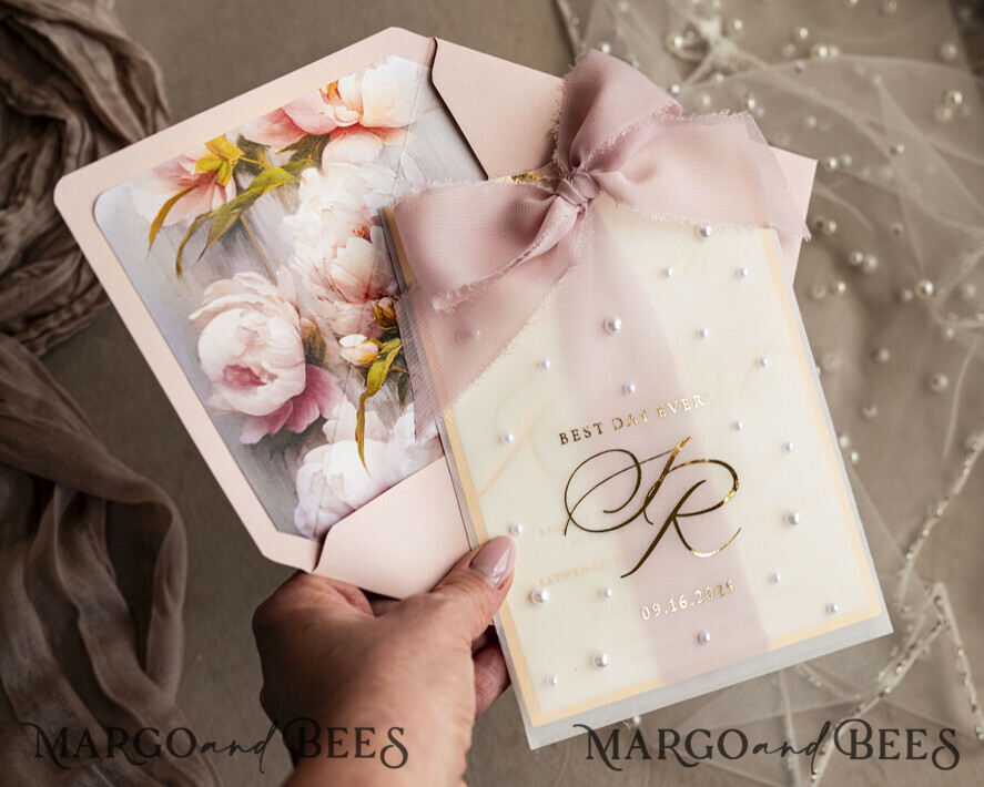 WEDDING INVITATIONS gold / rose gold / silver / glitter Blush Pink Chiffon bow beaded bespoke Elegant Peony Rose Gold Wedding Invitation Suite, White Perls Golden Wedding Cards, Boho golden folder Wedding Stationery, Vellum etui with monogram