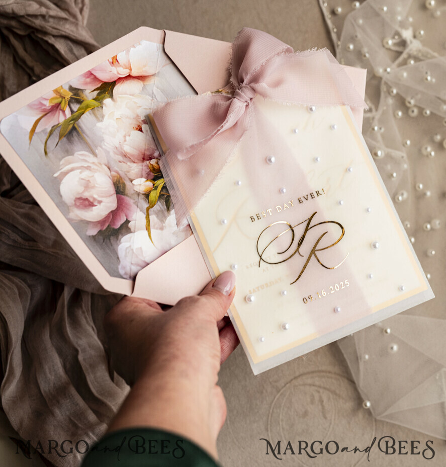 WEDDING INVITATIONS gold / rose gold / silver / glitter Blush Pink Chiffon bow beaded bespoke Elegant Peony Rose Gold Wedding Invitation Suite, White Perls Golden Wedding Cards, Boho golden folder Wedding Stationery, Vellum etui with monogram
