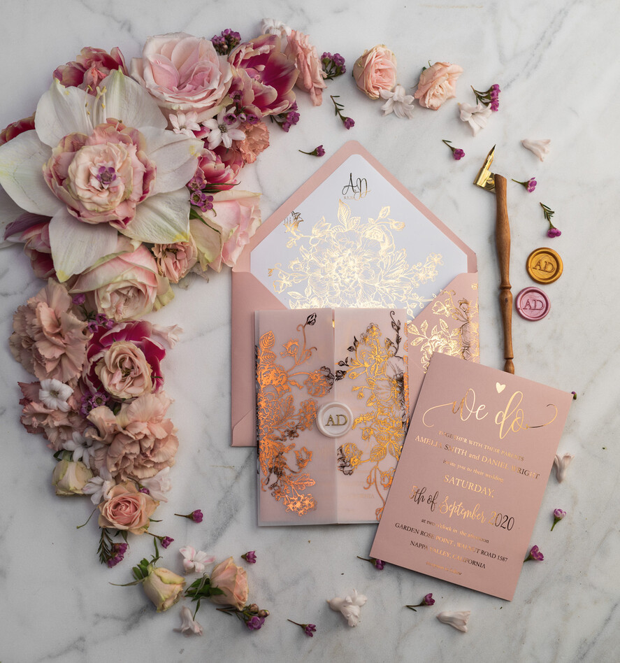 HOCHZEITS EINLADUNGEN Gold / Roségold / Silber / Glitzer Luxus Pergament Goldfolien Hochzeitskarten, elegante Blush-Pink Hochzeitskarten-Suite, Glamour Hochzeitskarten, goldenes Glanz Hochzeitskarten-Suite