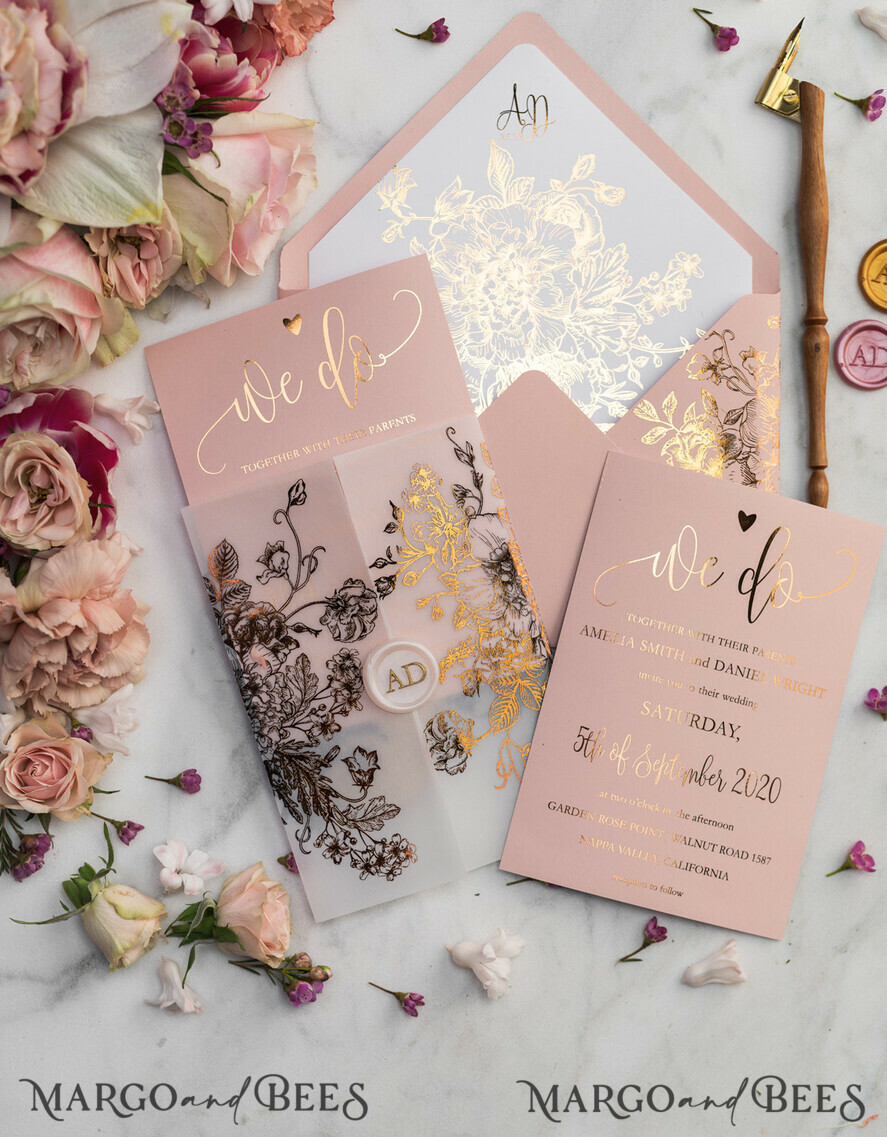HOCHZEITS EINLADUNGEN Gold / Roségold / Silber / Glitzer Luxus Pergament Goldfolien Hochzeitskarten, elegante Blush-Pink Hochzeitskarten-Suite, Glamour Hochzeitskarten, goldenes Glanz Hochzeitskarten-Suite