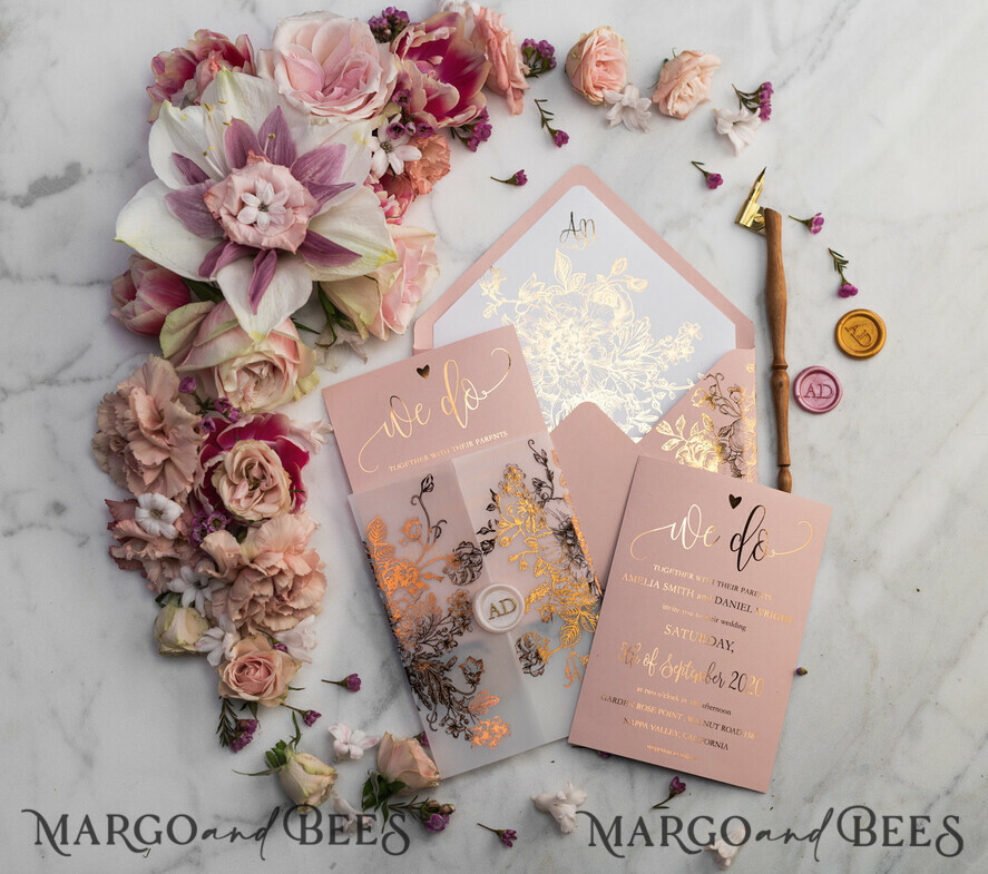 HOCHZEITS EINLADUNGEN Gold / Roségold / Silber / Glitzer Luxus Pergament Goldfolien Hochzeitskarten, elegante Blush-Pink Hochzeitskarten-Suite, Glamour Hochzeitskarten, goldenes Glanz Hochzeitskarten-Suite