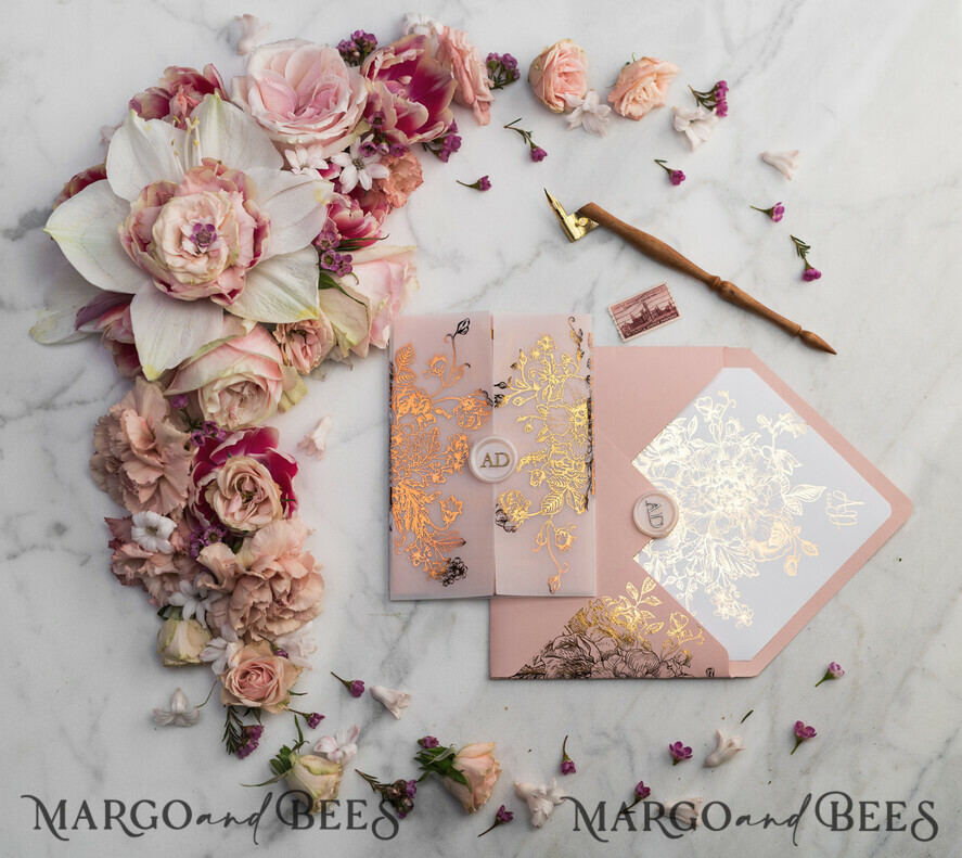 HOCHZEITS EINLADUNGEN Gold / Roségold / Silber / Glitzer Luxus Pergament Goldfolien Hochzeitskarten, elegante Blush-Pink Hochzeitskarten-Suite, Glamour Hochzeitskarten, goldenes Glanz Hochzeitskarten-Suite