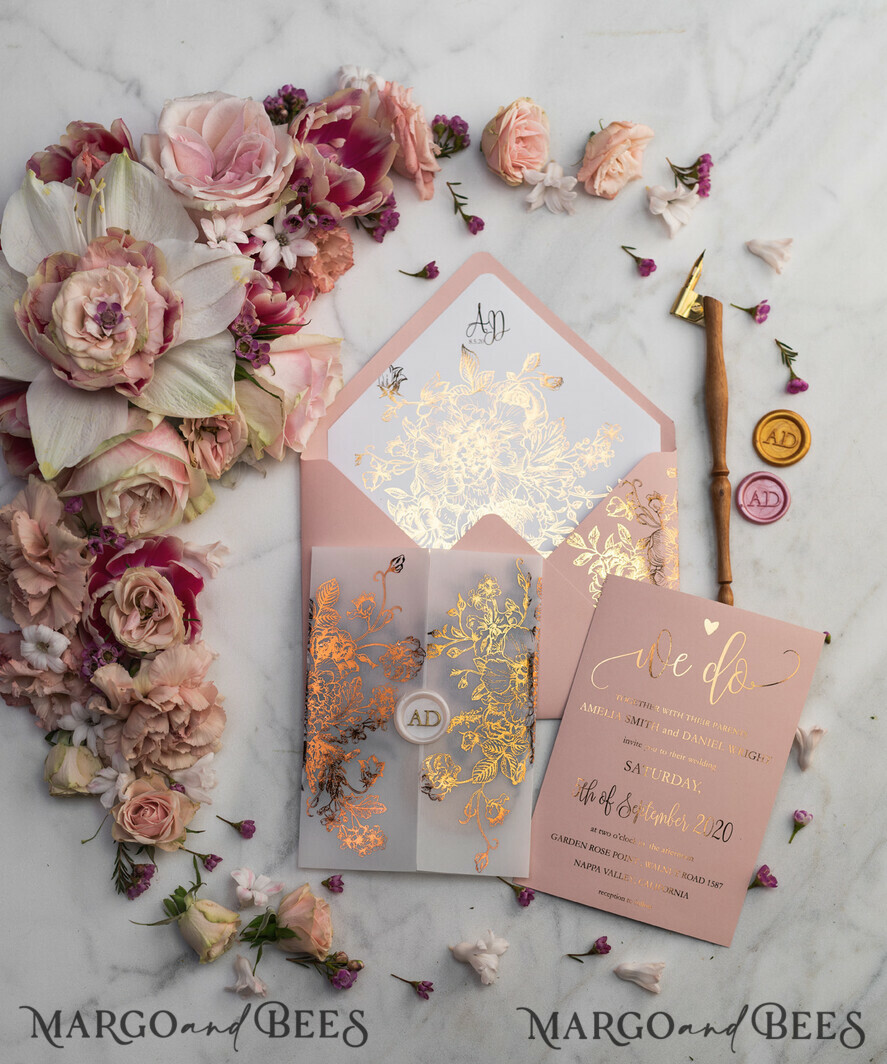 HOCHZEITS EINLADUNGEN Gold / Roségold / Silber / Glitzer Luxus Pergament Goldfolien Hochzeitskarten, elegante Blush-Pink Hochzeitskarten-Suite, Glamour Hochzeitskarten, goldenes Glanz Hochzeitskarten-Suite