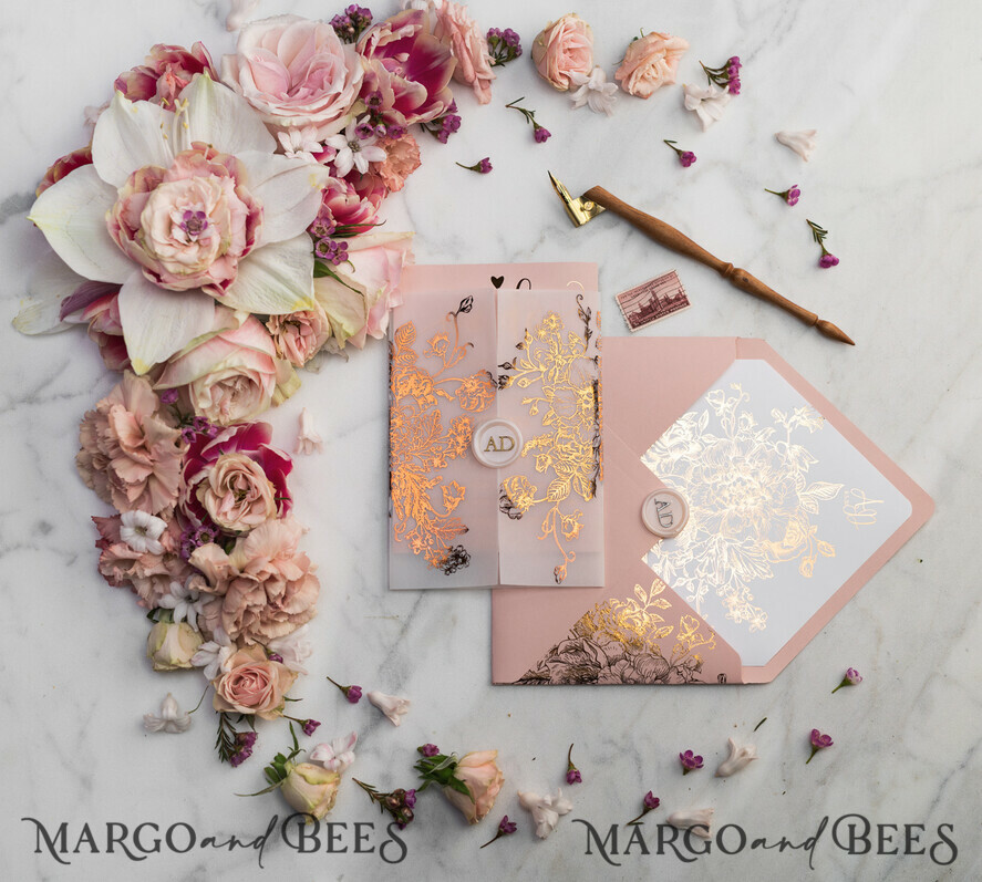 HOCHZEITS EINLADUNGEN Gold / Roségold / Silber / Glitzer Luxus Pergament Goldfolien Hochzeitskarten, elegante Blush-Pink Hochzeitskarten-Suite, Glamour Hochzeitskarten, goldenes Glanz Hochzeitskarten-Suite