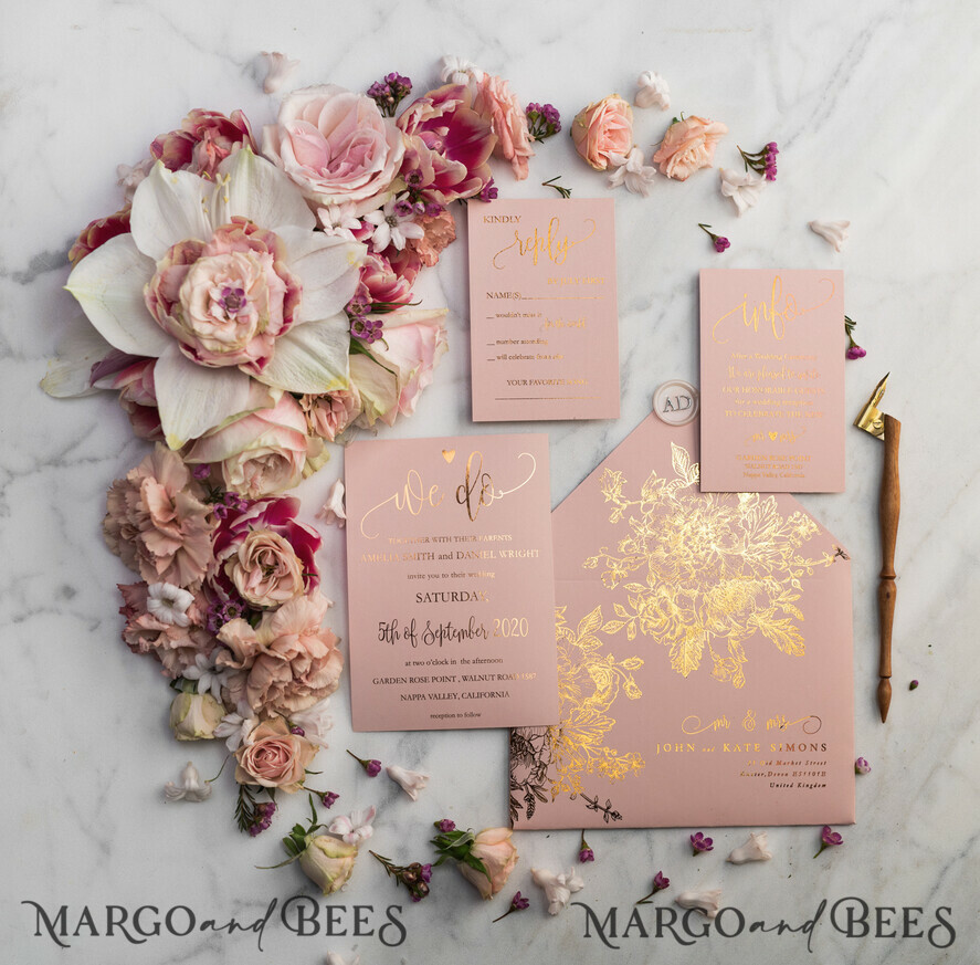 HOCHZEITS EINLADUNGEN Gold / Roségold / Silber / Glitzer Luxus Pergament Goldfolien Hochzeitskarten, elegante Blush-Pink Hochzeitskarten-Suite, Glamour Hochzeitskarten, goldenes Glanz Hochzeitskarten-Suite