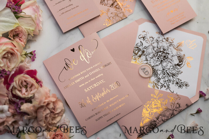 HOCHZEITS EINLADUNGEN Gold / Roségold / Silber / Glitzer Luxus Pergament Goldfolien Hochzeitskarten, elegante Blush-Pink Hochzeitskarten-Suite, Glamour Hochzeitskarten, goldenes Glanz Hochzeitskarten-Suite