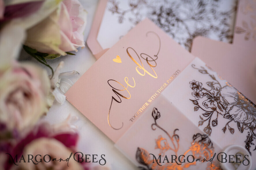 HOCHZEITS EINLADUNGEN Gold / Roségold / Silber / Glitzer Luxus Pergament Goldfolien Hochzeitskarten, elegante Blush-Pink Hochzeitskarten-Suite, Glamour Hochzeitskarten, goldenes Glanz Hochzeitskarten-Suite