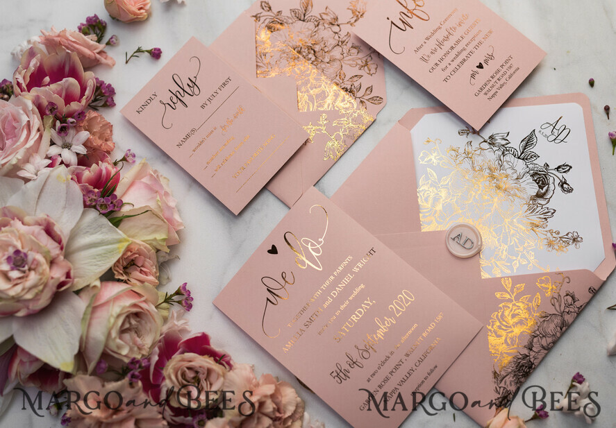 HOCHZEITS EINLADUNGEN Gold / Roségold / Silber / Glitzer Luxus Pergament Goldfolien Hochzeitskarten, elegante Blush-Pink Hochzeitskarten-Suite, Glamour Hochzeitskarten, goldenes Glanz Hochzeitskarten-Suite