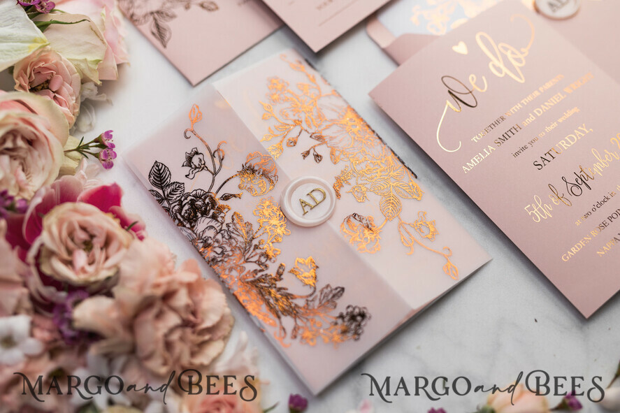 HOCHZEITS EINLADUNGEN Gold / Roségold / Silber / Glitzer Luxus Pergament Goldfolien Hochzeitskarten, elegante Blush-Pink Hochzeitskarten-Suite, Glamour Hochzeitskarten, goldenes Glanz Hochzeitskarten-Suite