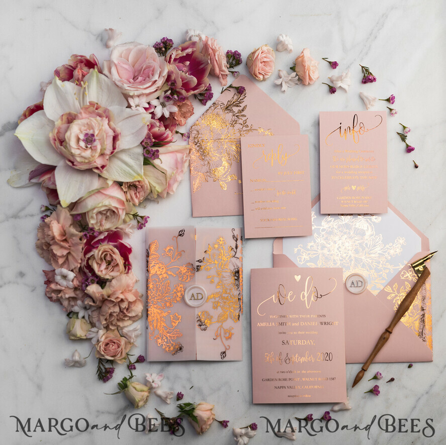 HOCHZEITS EINLADUNGEN Gold / Roségold / Silber / Glitzer Luxus Pergament Goldfolien Hochzeitskarten, elegante Blush-Pink Hochzeitskarten-Suite, Glamour Hochzeitskarten, goldenes Glanz Hochzeitskarten-Suite