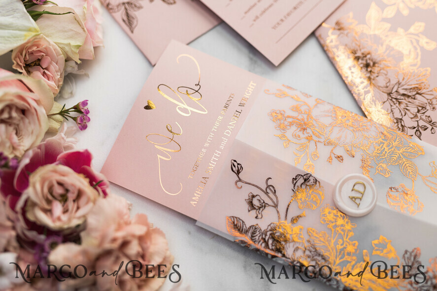 HOCHZEITS EINLADUNGEN Gold / Roségold / Silber / Glitzer Luxus Pergament Goldfolien Hochzeitskarten, elegante Blush-Pink Hochzeitskarten-Suite, Glamour Hochzeitskarten, goldenes Glanz Hochzeitskarten-Suite