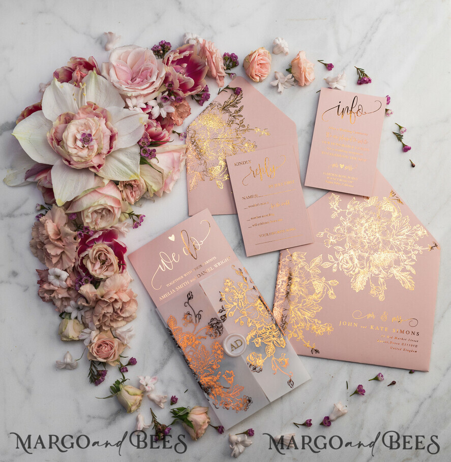 HOCHZEITS EINLADUNGEN Gold / Roségold / Silber / Glitzer Luxus Pergament Goldfolien Hochzeitskarten, elegante Blush-Pink Hochzeitskarten-Suite, Glamour Hochzeitskarten, goldenes Glanz Hochzeitskarten-Suite