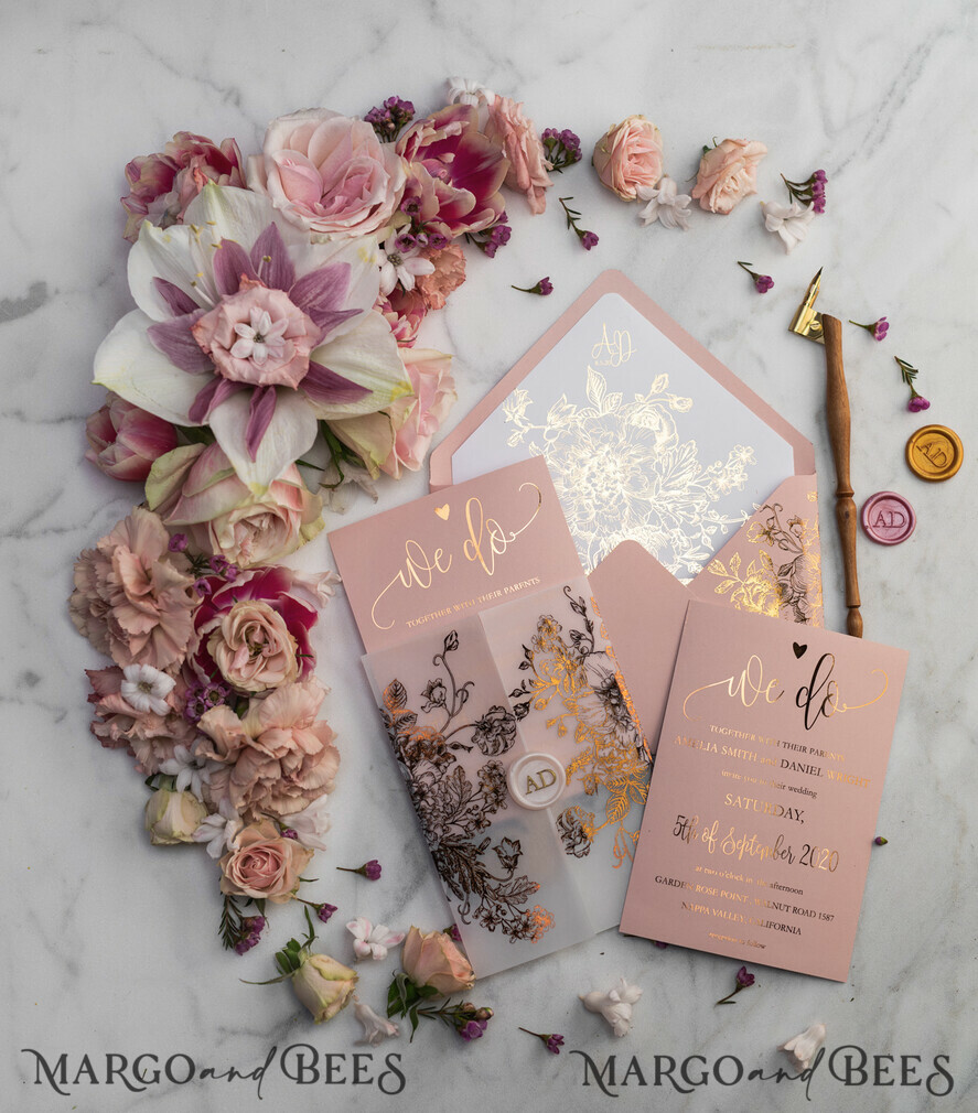 HOCHZEITS EINLADUNGEN Gold / Roségold / Silber / Glitzer Luxus Pergament Goldfolien Hochzeitskarten, elegante Blush-Pink Hochzeitskarten-Suite, Glamour Hochzeitskarten, goldenes Glanz Hochzeitskarten-Suite