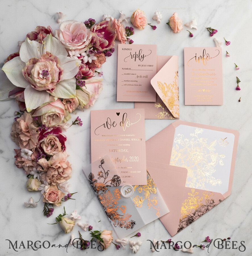 HOCHZEITS EINLADUNGEN Gold / Roségold / Silber / Glitzer Luxus Pergament Goldfolien Hochzeitskarten, elegante Blush-Pink Hochzeitskarten-Suite, Glamour Hochzeitskarten, goldenes Glanz Hochzeitskarten-Suite