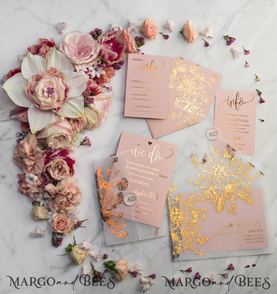 HOCHZEITS EINLADUNGEN Gold / Roségold / Silber / Glitzer Luxus Pergament Goldfolien Hochzeitskarten, elegante Blush-Pink Hochzeitskarten-Suite, Glamour Hochzeitskarten, goldenes Glanz Hochzeitskarten-Suite