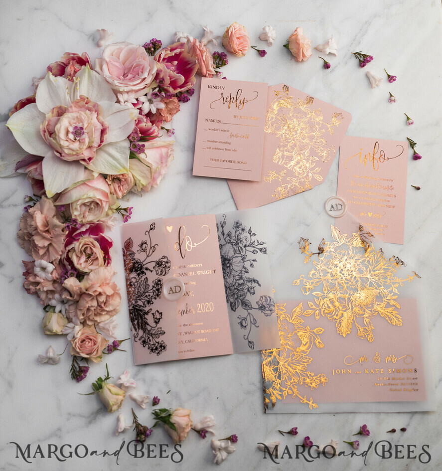 HOCHZEITS EINLADUNGEN Gold / Roségold / Silber / Glitzer Luxus Pergament Goldfolien Hochzeitskarten, elegante Blush-Pink Hochzeitskarten-Suite, Glamour Hochzeitskarten, goldenes Glanz Hochzeitskarten-Suite