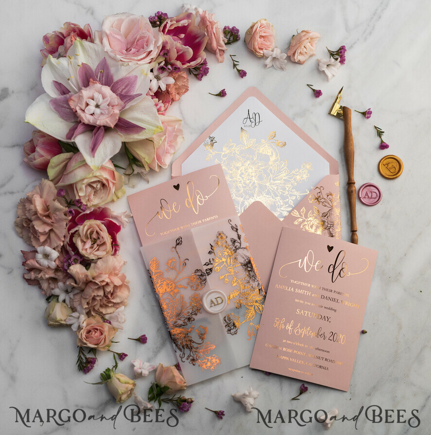 HOCHZEITS EINLADUNGEN Gold / Roségold / Silber / Glitzer Luxus Pergament Goldfolien Hochzeitskarten, elegante Blush-Pink Hochzeitskarten-Suite, Glamour Hochzeitskarten, goldenes Glanz Hochzeitskarten-Suite