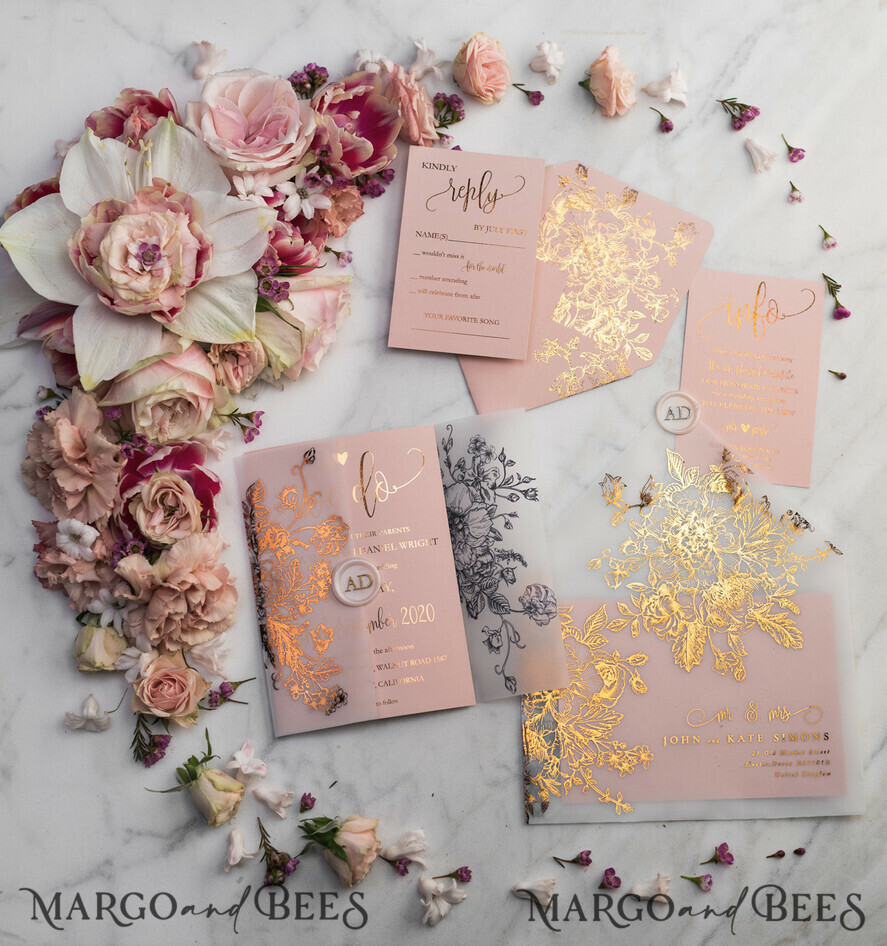 HOCHZEITS EINLADUNGEN Gold / Roségold / Silber / Glitzer Luxus Pergament Goldfolien Hochzeitskarten, elegante Blush-Pink Hochzeitskarten-Suite, Glamour Hochzeitskarten, goldenes Glanz Hochzeitskarten-Suite