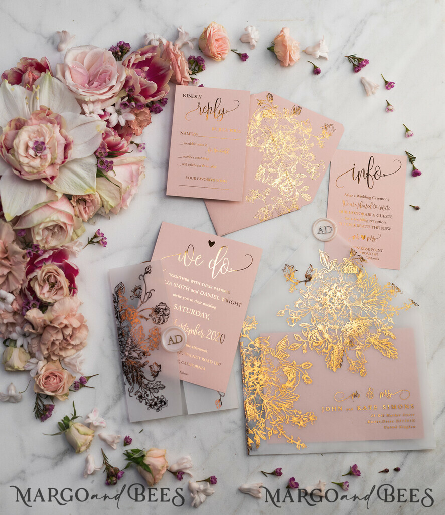 HOCHZEITS EINLADUNGEN Gold / Roségold / Silber / Glitzer Luxus Pergament Goldfolien Hochzeitskarten, elegante Blush-Pink Hochzeitskarten-Suite, Glamour Hochzeitskarten, goldenes Glanz Hochzeitskarten-Suite