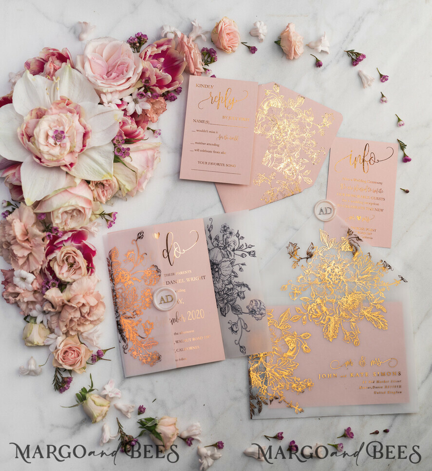 HOCHZEITS EINLADUNGEN Gold / Roségold / Silber / Glitzer Luxus Pergament Goldfolien Hochzeitskarten, elegante Blush-Pink Hochzeitskarten-Suite, Glamour Hochzeitskarten, goldenes Glanz Hochzeitskarten-Suite