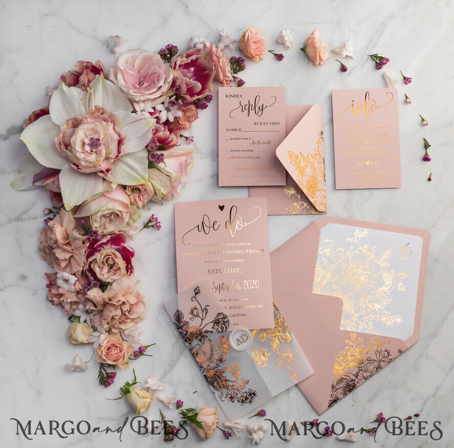 HOCHZEITS EINLADUNGEN Gold / Roségold / Silber / Glitzer Luxus Pergament Goldfolien Hochzeitskarten, elegante Blush-Pink Hochzeitskarten-Suite, Glamour Hochzeitskarten, goldenes Glanz Hochzeitskarten-Suite