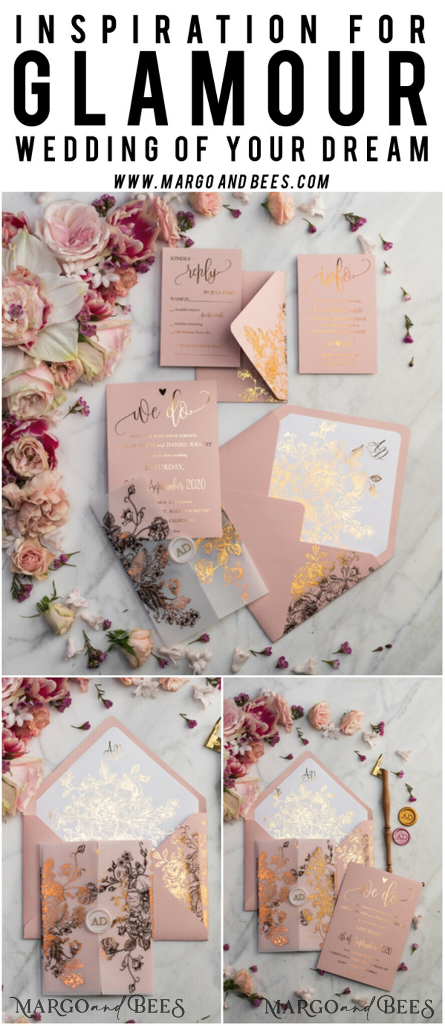 HOCHZEITS EINLADUNGEN Gold / Roségold / Silber / Glitzer Luxus Pergament Goldfolien Hochzeitskarten, elegante Blush-Pink Hochzeitskarten-Suite, Glamour Hochzeitskarten, goldenes Glanz Hochzeitskarten-Suite