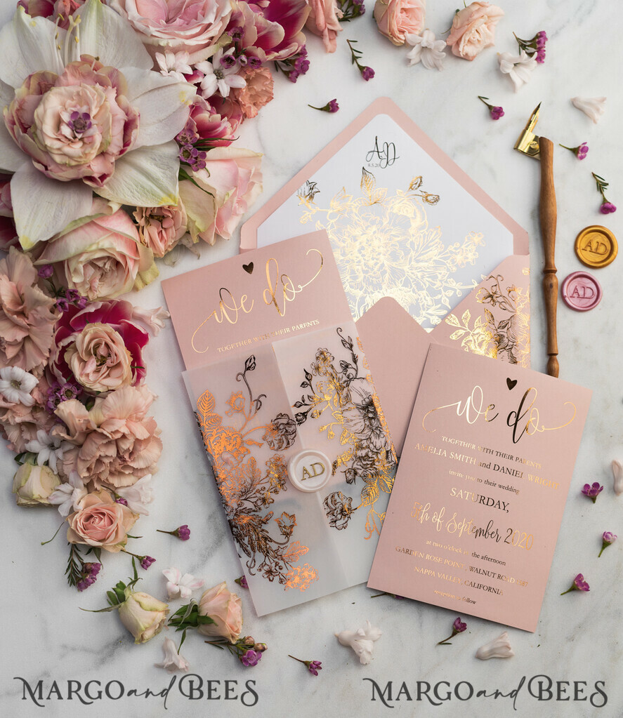 HOCHZEITS EINLADUNGEN Gold / Roségold / Silber / Glitzer Luxus Pergament Goldfolien Hochzeitskarten, elegante Blush-Pink Hochzeitskarten-Suite, Glamour Hochzeitskarten, goldenes Glanz Hochzeitskarten-Suite