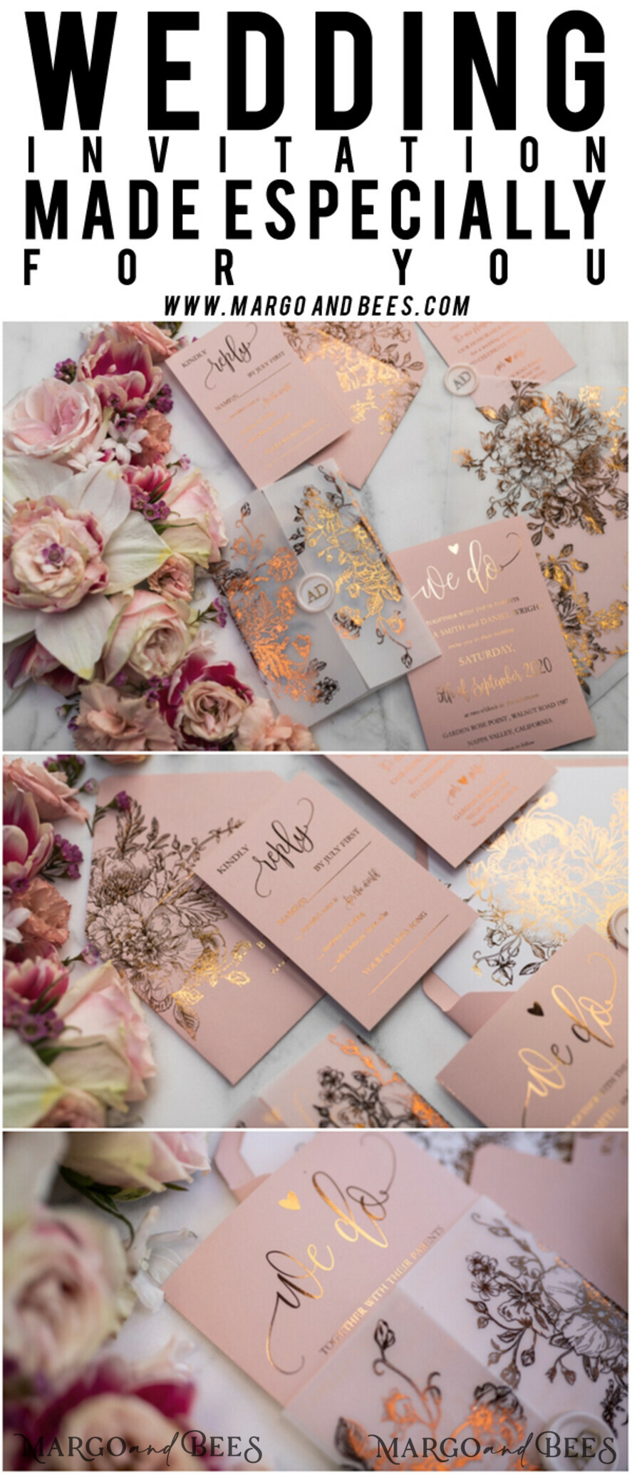 HOCHZEITS EINLADUNGEN Gold / Roségold / Silber / Glitzer Luxus Pergament Goldfolien Hochzeitskarten, elegante Blush-Pink Hochzeitskarten-Suite, Glamour Hochzeitskarten, goldenes Glanz Hochzeitskarten-Suite