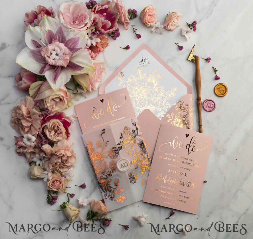 HOCHZEITS EINLADUNGEN Gold / Roségold / Silber / Glitzer Luxus Pergament Goldfolien Hochzeitskarten, elegante Blush-Pink Hochzeitskarten-Suite, Glamour Hochzeitskarten, goldenes Glanz Hochzeitskarten-Suite