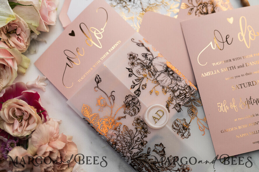 HOCHZEITS EINLADUNGEN Gold / Roségold / Silber / Glitzer Luxus Pergament Goldfolien Hochzeitskarten, elegante Blush-Pink Hochzeitskarten-Suite, Glamour Hochzeitskarten, goldenes Glanz Hochzeitskarten-Suite