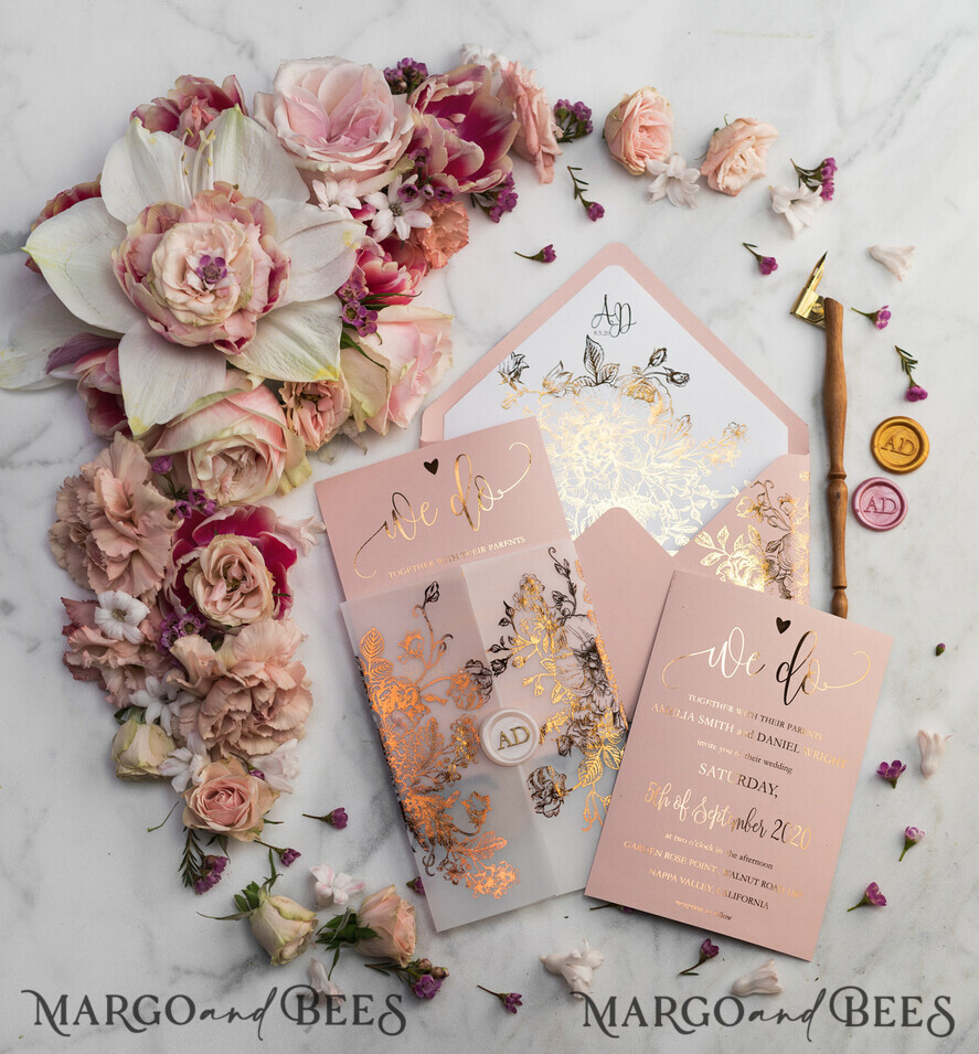 HOCHZEITS EINLADUNGEN Gold / Roségold / Silber / Glitzer Luxus Pergament Goldfolien Hochzeitskarten, elegante Blush-Pink Hochzeitskarten-Suite, Glamour Hochzeitskarten, goldenes Glanz Hochzeitskarten-Suite