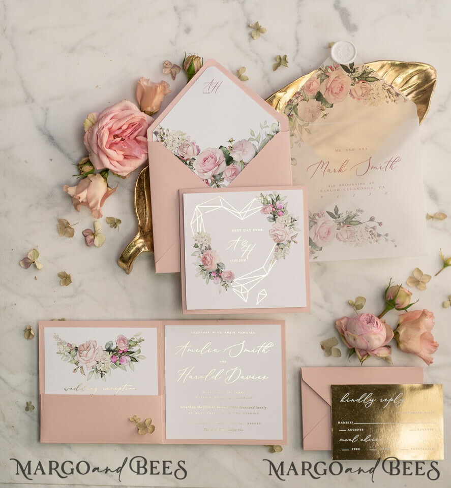 WEDDING INVITATIONS gold / rose gold / silver / glitter Glamour Gold Foil Wedding Invitations, Luxury Golden Shine Wedding Invites, Elegant Blush Pink Wedding Cards, Bespoke Floral Wedding Invitation Suite