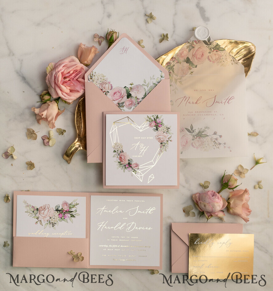 WEDDING INVITATIONS gold / rose gold / silver / glitter Glamour Gold Foil Wedding Invitations, Luxury Golden Shine Wedding Invites, Elegant Blush Pink Wedding Cards, Bespoke Floral Wedding Invitation Suite