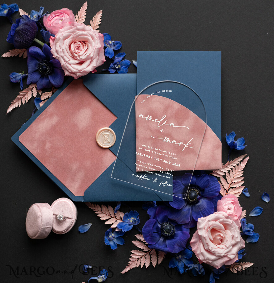 WEDDING INVITATIONS gold / rose gold / silver / glitter Arch Gold Acrylic wedding invitation suite, Velvet Pocket blush pink and navy blue Wedding Invites, Glamour Wedding Invitations