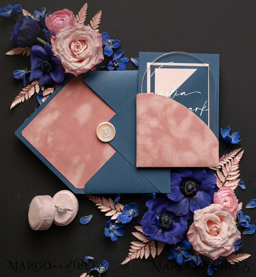 WEDDING INVITATIONS gold / rose gold / silver / glitter Arch Gold Acrylic wedding invitation suite, Velvet Pocket blush pink and navy blue Wedding Invites, Glamour Wedding Invitations