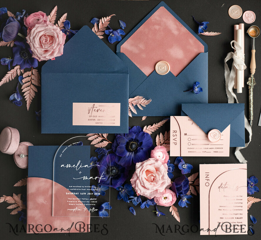 WEDDING INVITATIONS gold / rose gold / silver / glitter Arch Gold Acrylic wedding invitation suite, Velvet Pocket blush pink and navy blue Wedding Invites, Glamour Wedding Invitations