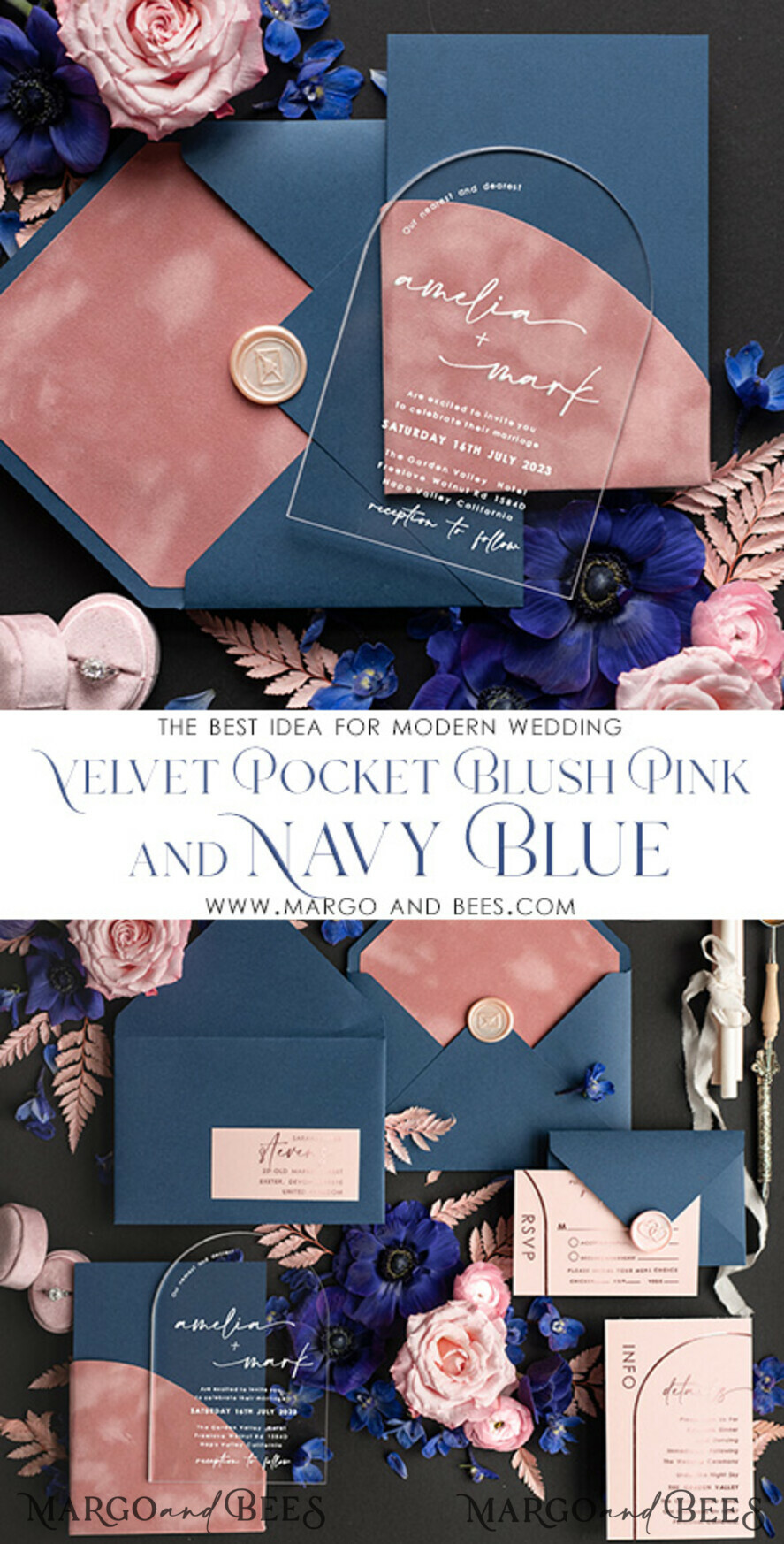 WEDDING INVITATIONS gold / rose gold / silver / glitter Arch Gold Acrylic wedding invitation suite, Velvet Pocket blush pink and navy blue Wedding Invites, Glamour Wedding Invitations