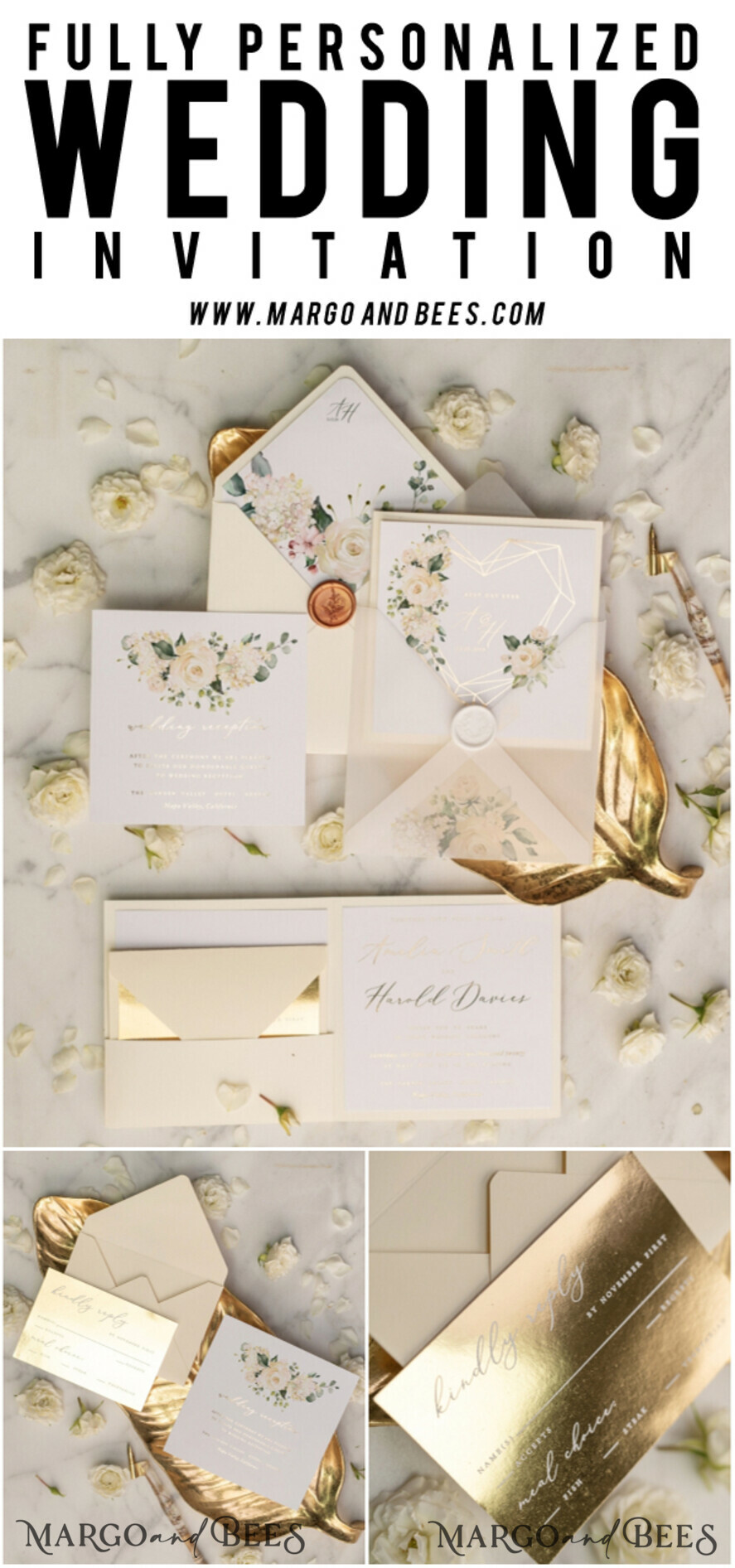 WEDDING INVITATIONS gold / rose gold / silver / glitter Luxury Gold Foil Wedding Invites, Glamour Golden Shine Wedding Invitations, Elegant Nude Pocketfold Wedding Cards, Bespoke Geometric Wedding Invitation Suite
