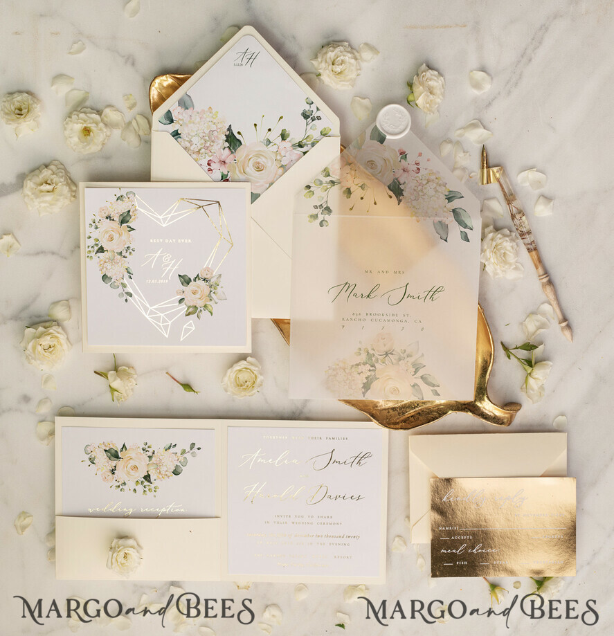 WEDDING INVITATIONS gold / rose gold / silver / glitter Luxury Gold Foil Wedding Invites, Glamour Golden Shine Wedding Invitations, Elegant Nude Pocketfold Wedding Cards, Bespoke Geometric Wedding Invitation Suite
