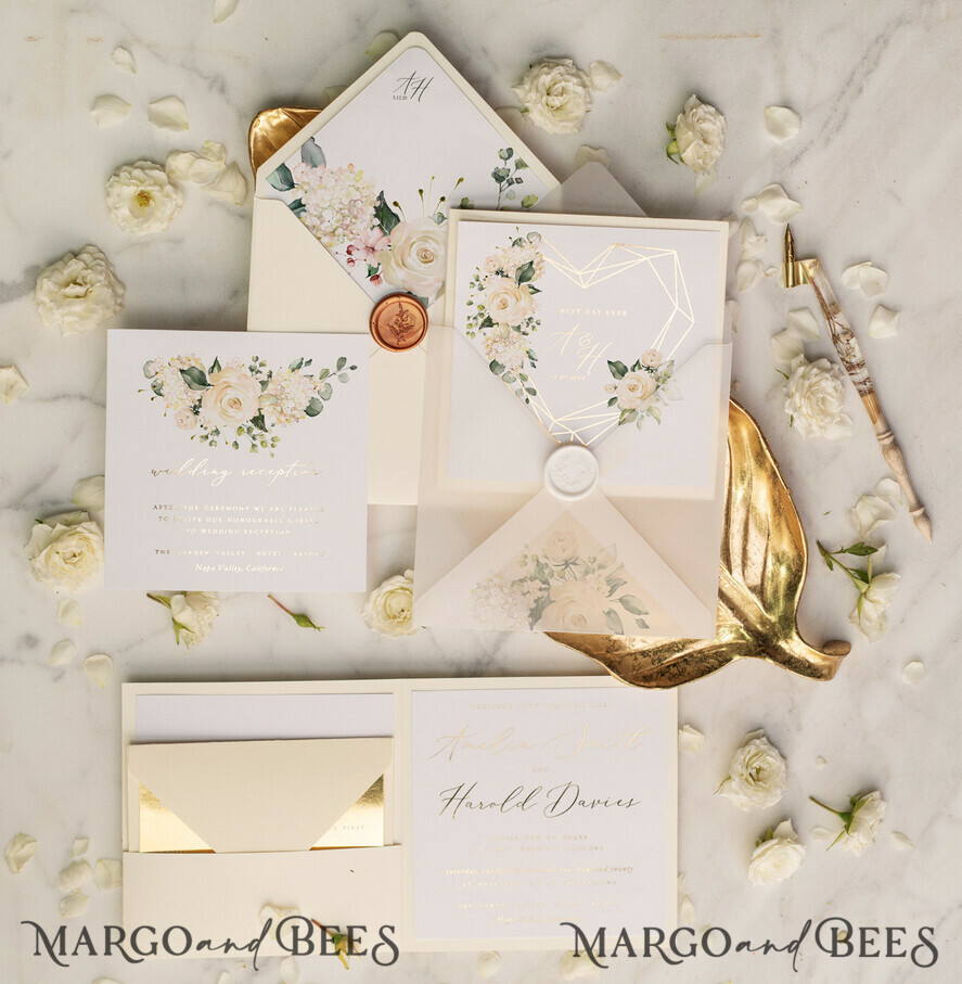 WEDDING INVITATIONS gold / rose gold / silver / glitter Luxury Gold Foil Wedding Invites, Glamour Golden Shine Wedding Invitations, Elegant Nude Pocketfold Wedding Cards, Bespoke Geometric Wedding Invitation Suite