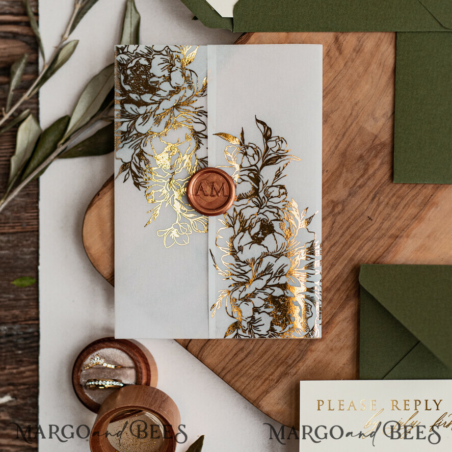 WEDDING INVITATIONS gold / rose gold / silver / glitter Greece Olive Branch Wedding Invitation, Acrylic olive green wedding invitation cards, Gold Wedding Invites